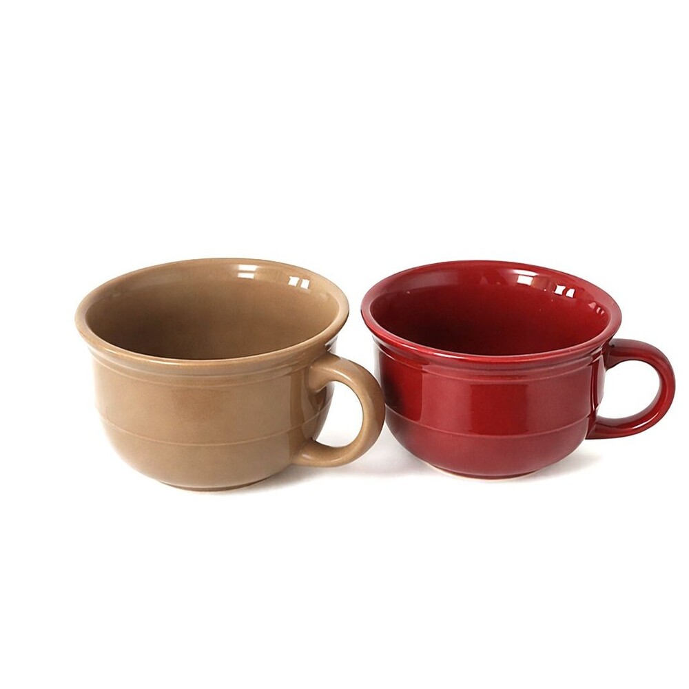 Mainstays 1-Red & 1-Brown Stoneware Soup Mugs Oversized 5 Inch Ribbed Glossy